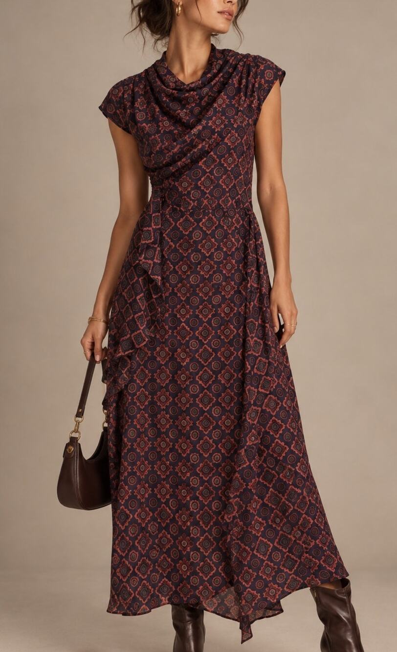 Club Monaco Womens Drape Midi Dress Size 6 Dark Academia Fall Boho Artsy Retro